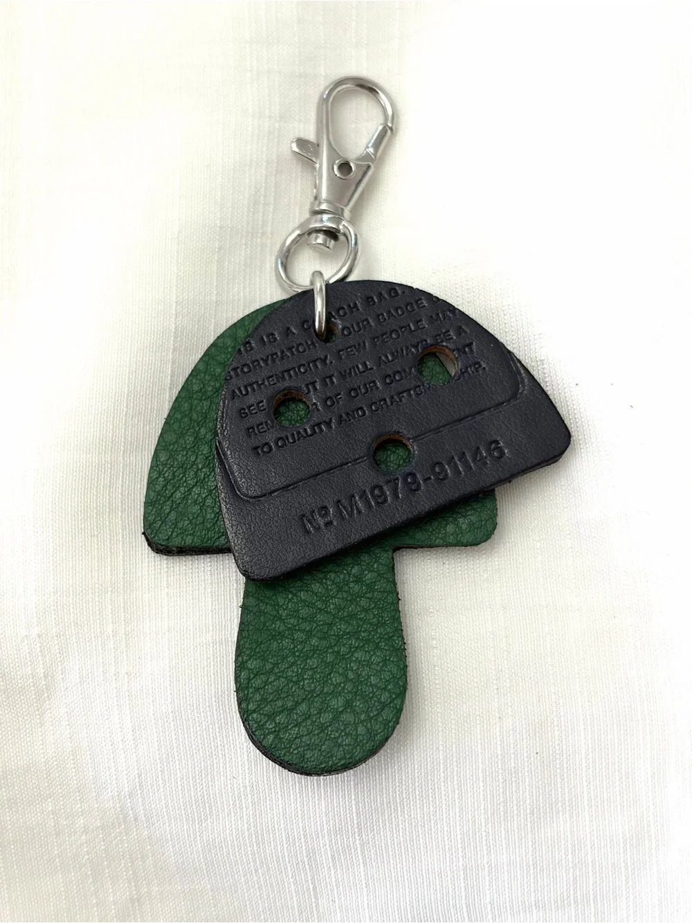 Upcycled COACH Green and Navy Mushroom Leather Key Tag